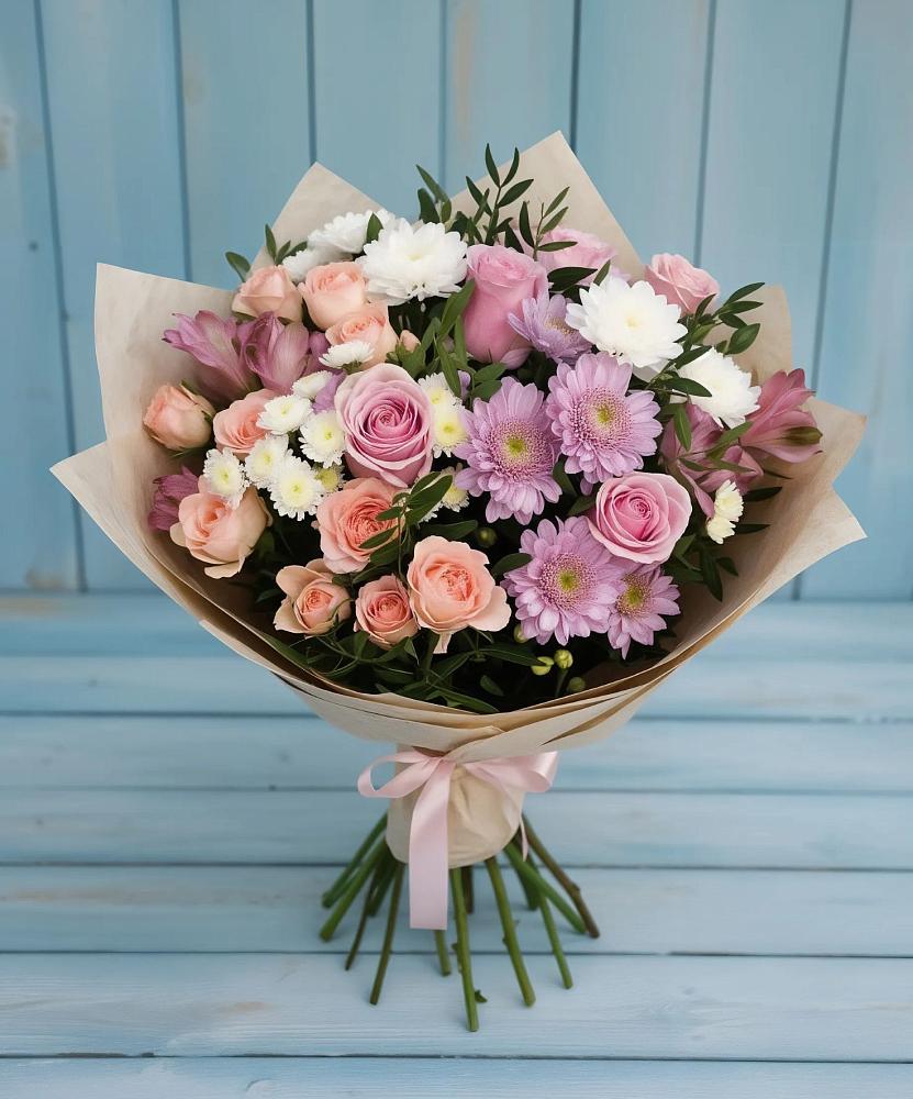 Букет цветов из: Хризантемы, Розы и Альстромерии в Степанщино
