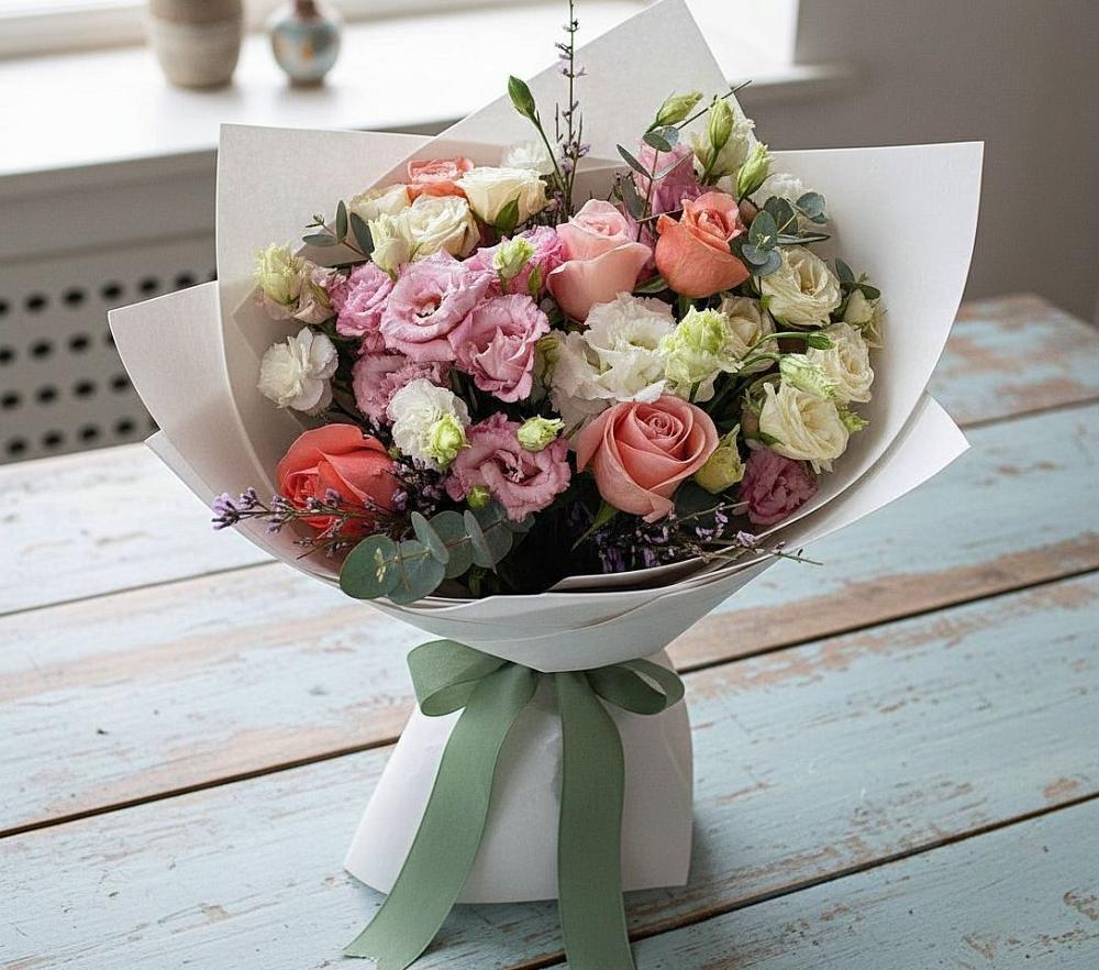 Букет цветов из: Розы, Лизиантусы и Гвоздики в Степанщино