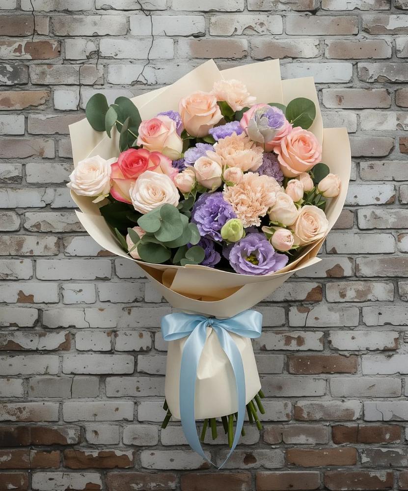 Букет цветов из: Розы, Лизиантусы и Гвоздики в Степанщино